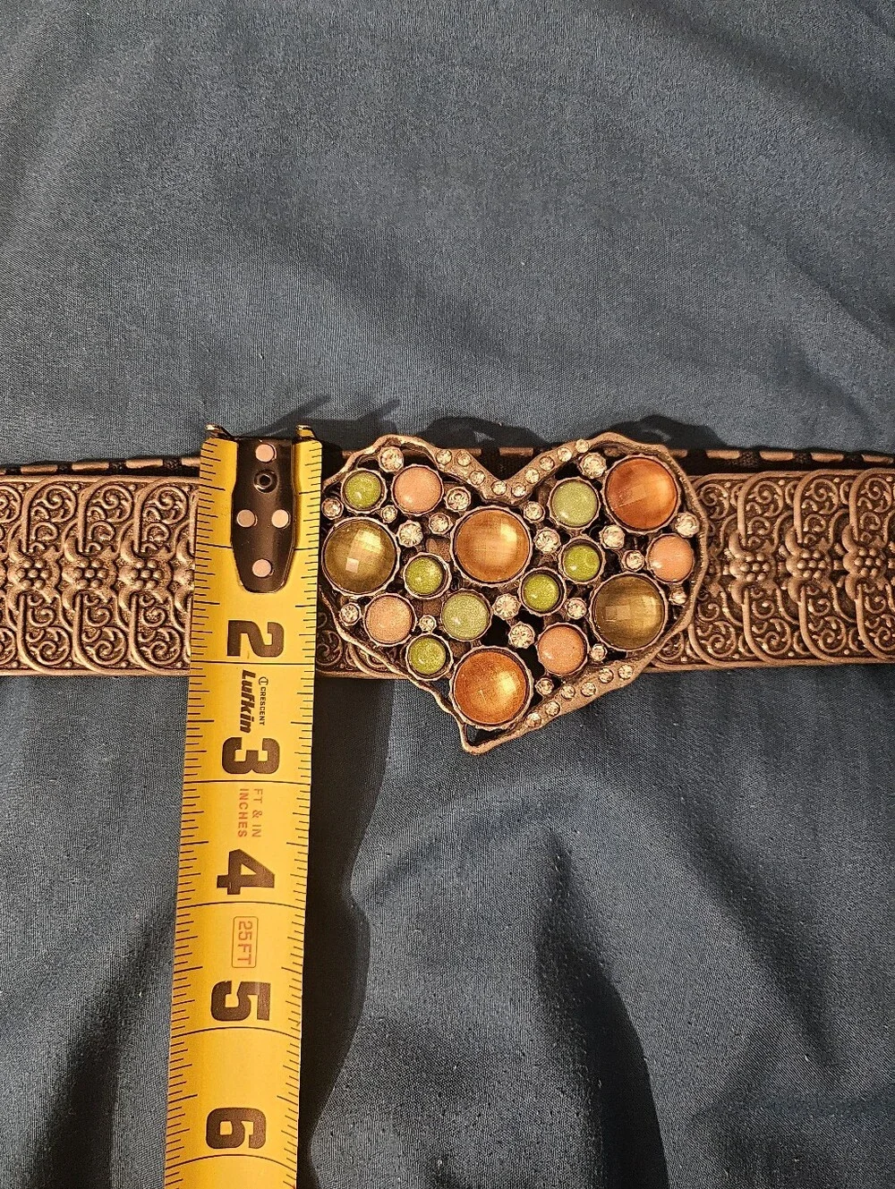Vintage 80's‎ Pewter Tone Emboss Stretch Fishscale Belt Jewel Buckle Boho